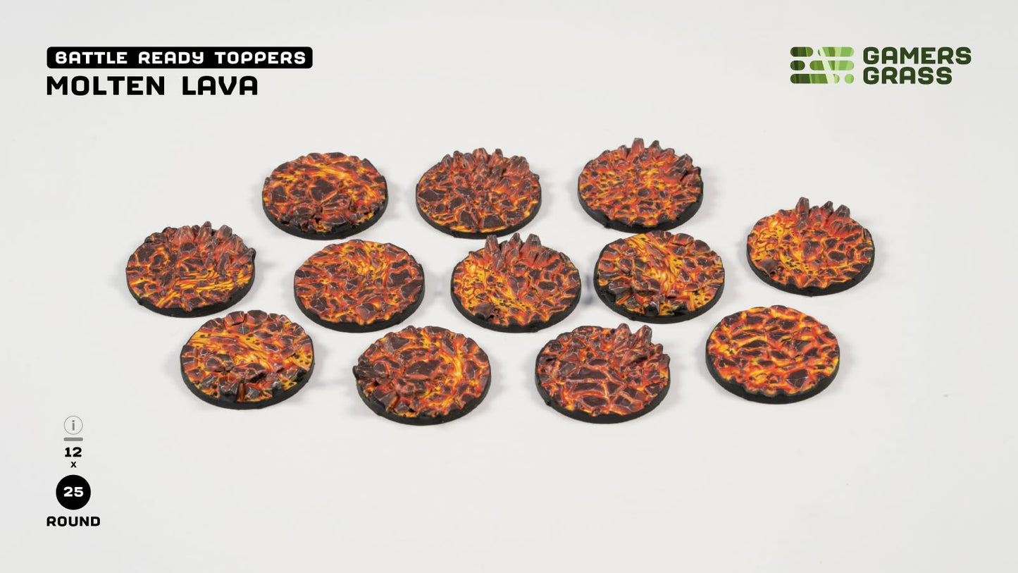 Gamers Grass GGT-MLR25 - Battle Ready Toppers - Molten Lava - Round 25mm (x12)